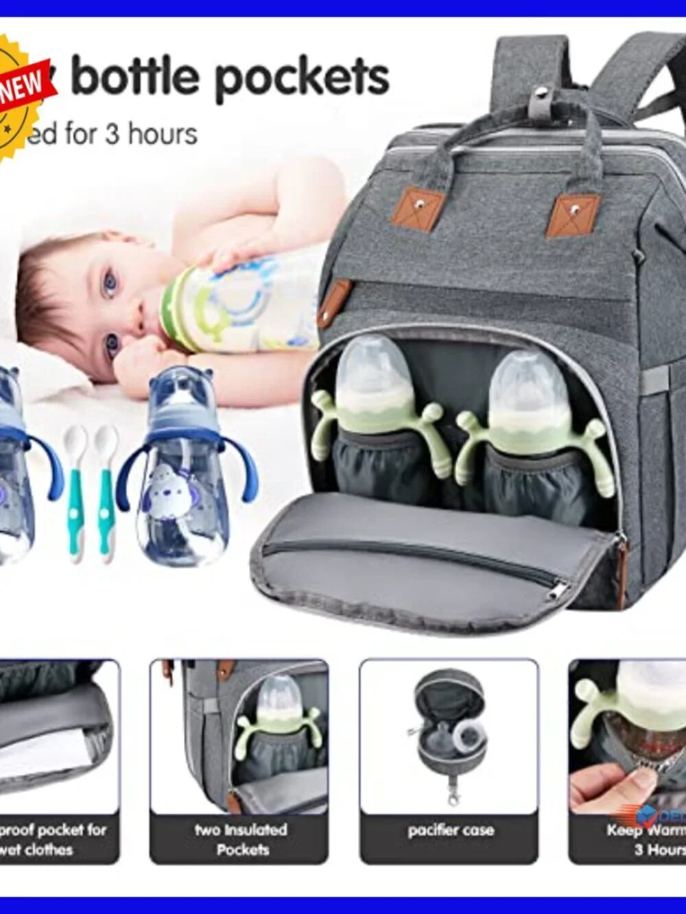 Large Capacity Waterproof Diaper Backpack with Changing Pad & USB Port
